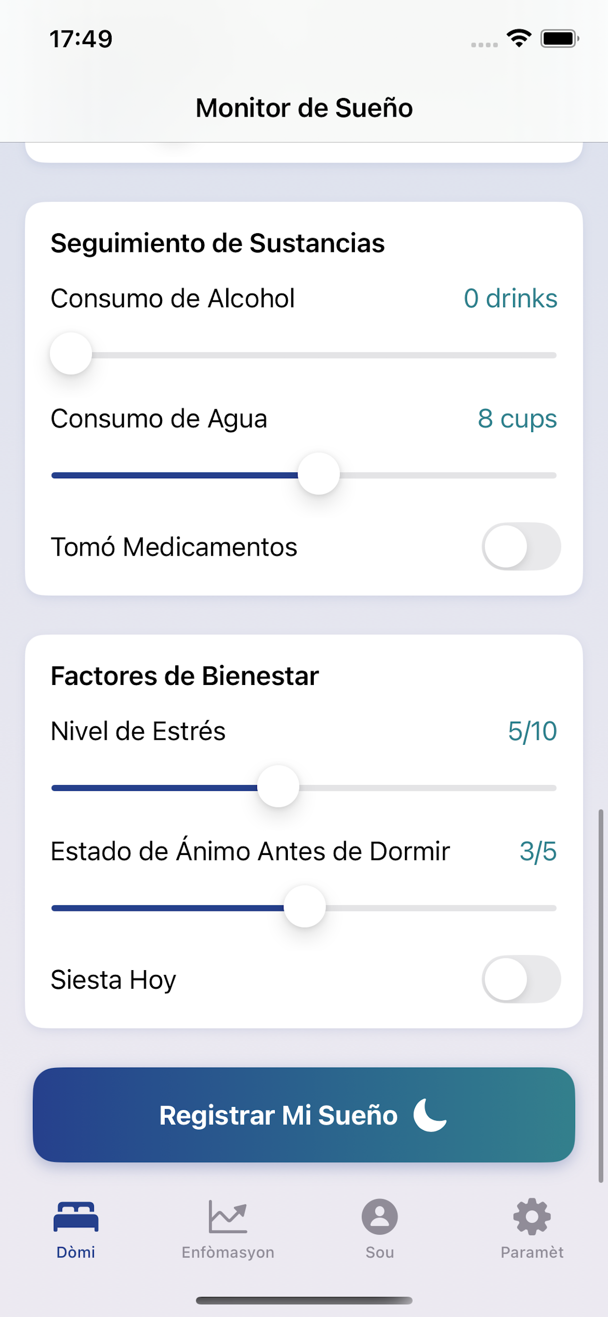 Sleep Tracker app showing multilingual interface with language selection and culturally adapted sleep tracking in Spanish, Portuguese, and Haitian Creole